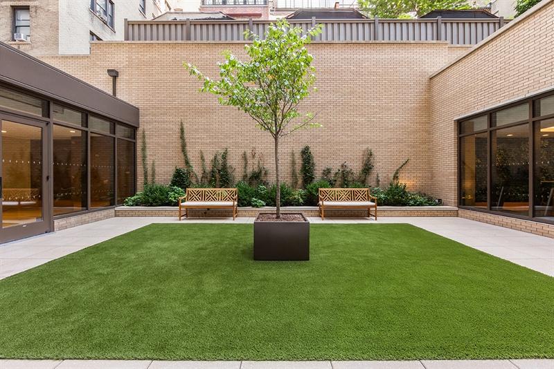 The lush central courtyard visually connects the sunlit wellness center and multipurpose sports court.