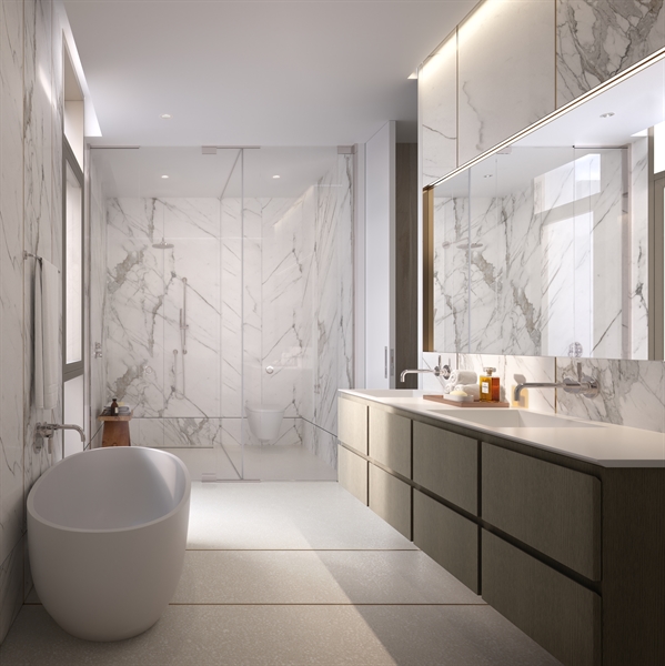 Master bathroom details include radiant heated terrazzo floors, a freestanding bathtub, glass enclosed wet room with European Marble slabs, and a custom  vanity with Dornbracht fixtures.
