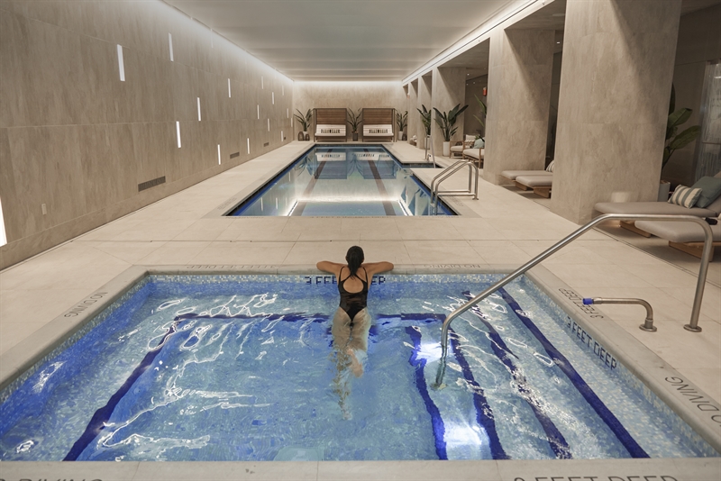 Grand 75-foot heated, indoor saltwater pool.