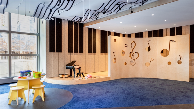 Lincoln Center inspired Little Composers children’s playroom infused with musical motifs to inspire future artists.