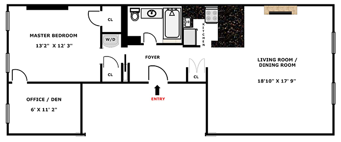Floorplan for Classic , Townhouse Large 1BR Plus Office
