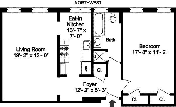 Floorplan for One Bedroom On The Park